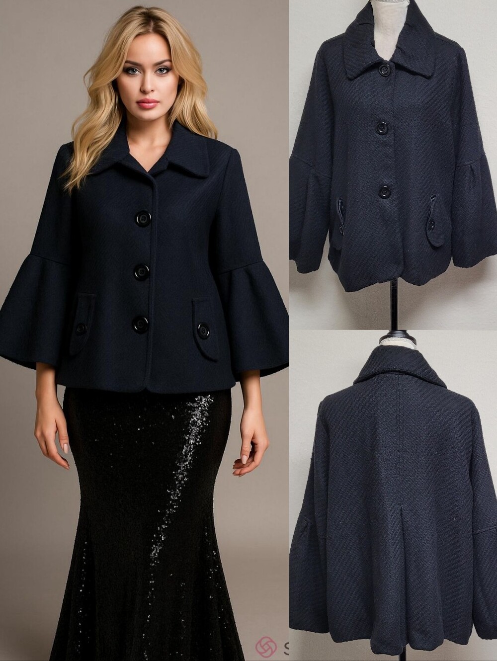 Oleg Cassini Vintage 90s Black Tweed Flared Sleeve Pleated Cropped Swing Coat L